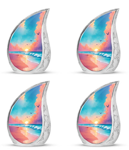 Cool Teal Beach Cremation Urn close-up of engraving and surface detail - flowing teardrop beach silhouette on curved aluminum - 10 inch aluminum urn for cremated remains