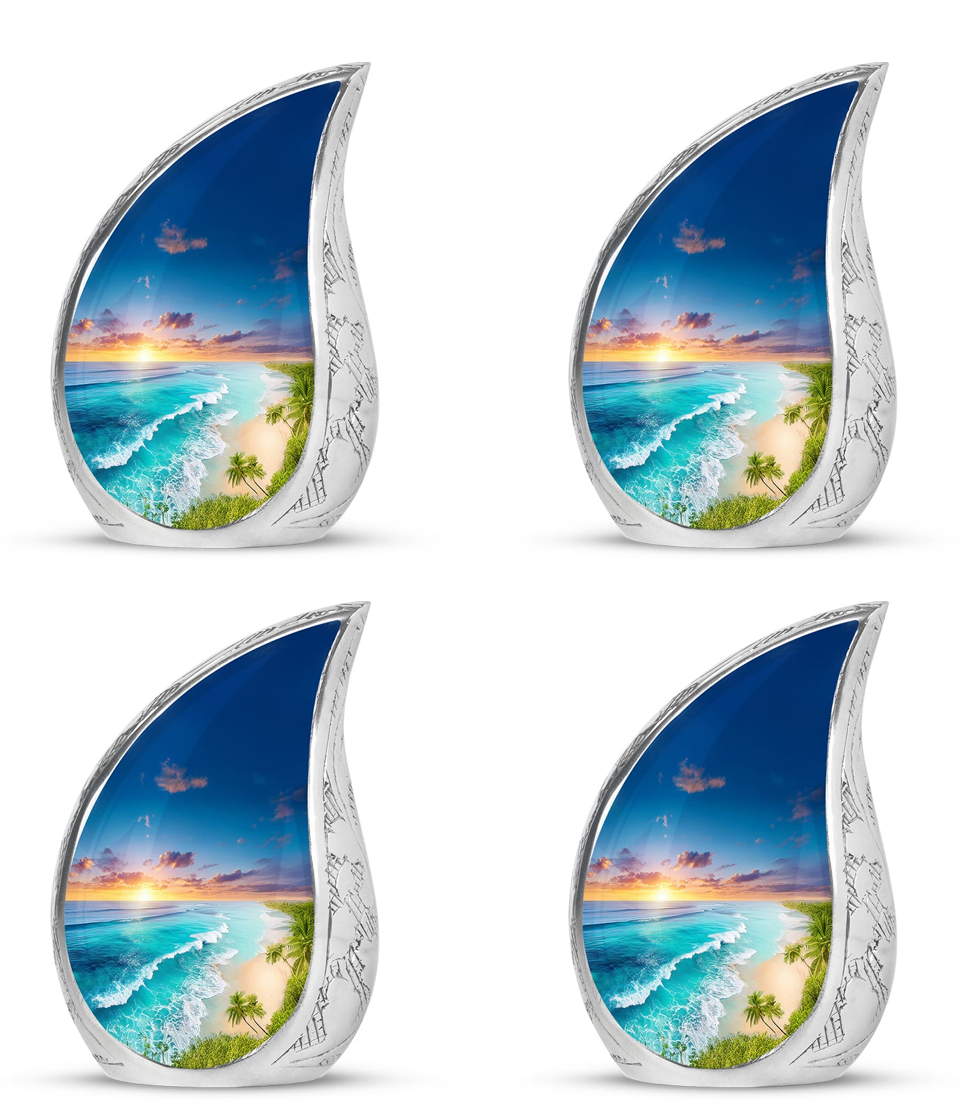 Cobalt Blue Beach Cremation Urn close-up of engraving and surface detail - smooth teardrop contour featuring beach art - 10 inch aluminum urn for cremated remains