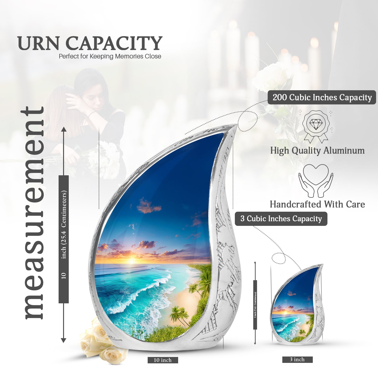 Azure Beach Cremation Urn angled view of lid and engraved motif - rounded teardrop beach design with delicate detail - mini keepsake memorial for portion of cremation ashes