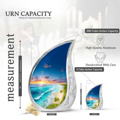 Azure Beach Cremation Urn angled view of lid and engraved motif - rounded teardrop beach design with delicate detail - mini keepsake memorial for portion of cremation ashes