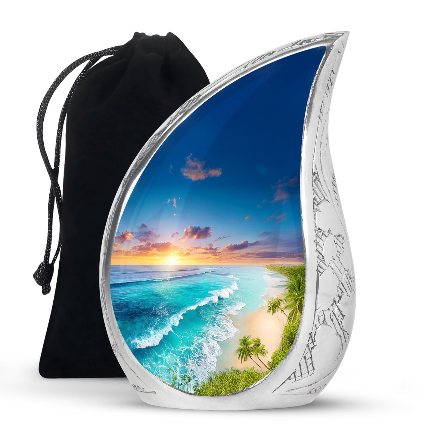 Powder Blue Beach Cremation Urn front view showing detailed design - flowing teardrop beach silhouette on curved aluminum - full-size 10 inch 200 cubic inch adult cremation urn