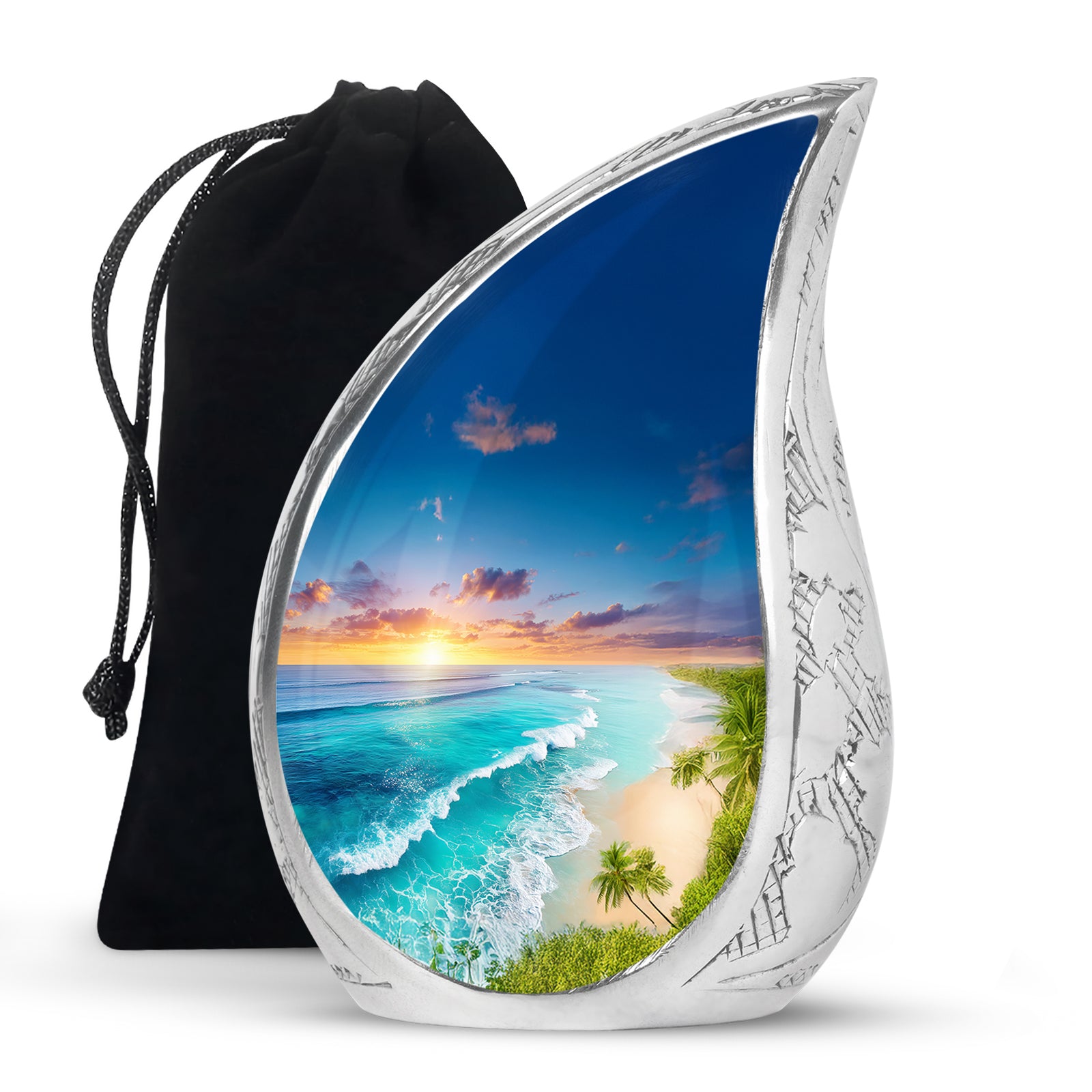 Powder Blue Beach Cremation Urn front view showing detailed design - flowing teardrop beach silhouette on curved aluminum - full-size 10 inch 200 cubic inch adult cremation urn
