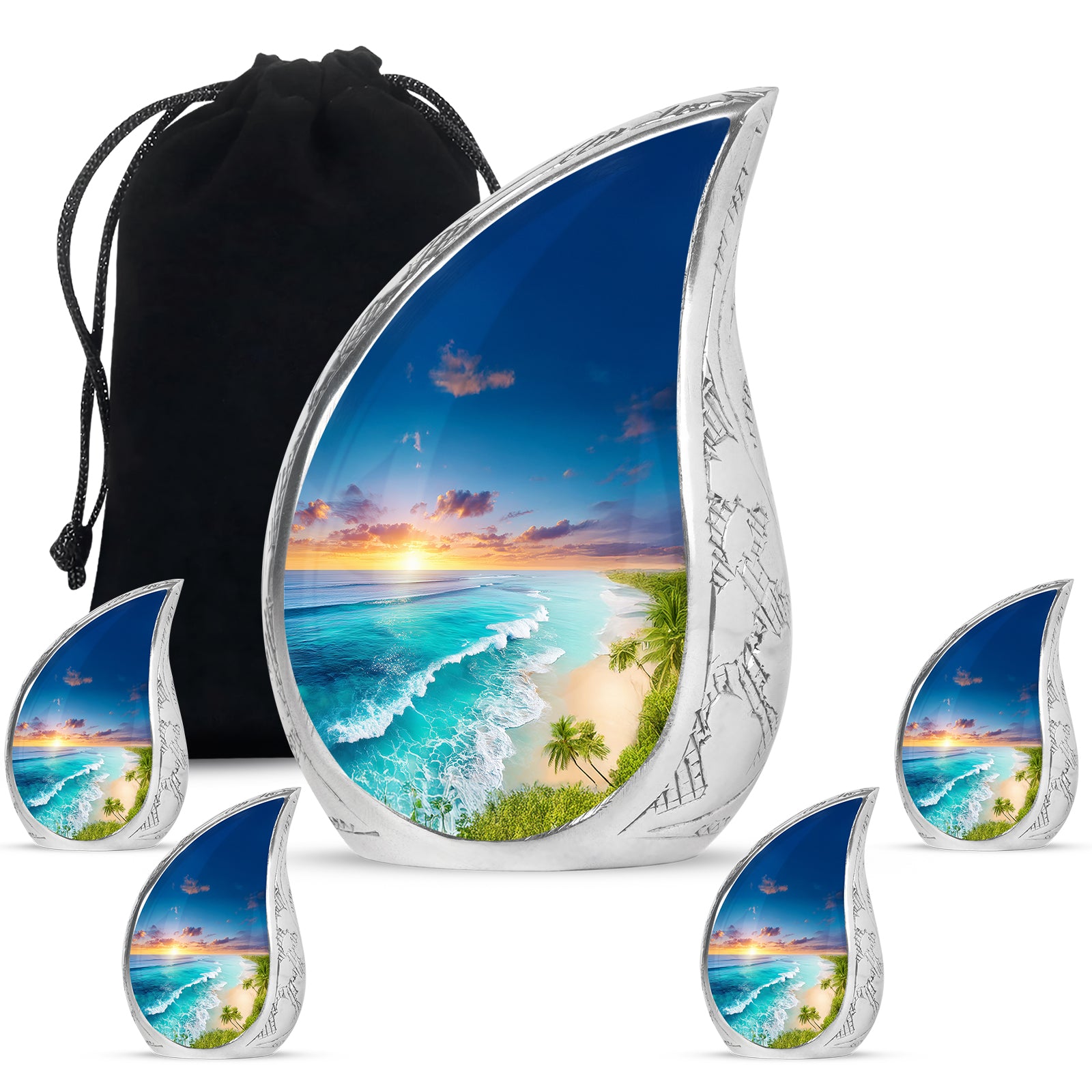 Steel Blue Beach Cremation Urn side profile showing urn shape - smooth teardrop contour featuring beach art - memorial set with one large and four small urns