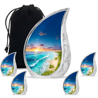 Steel Blue Beach Cremation Urn side profile showing urn shape - smooth teardrop contour featuring beach art - memorial set with one large and four small urns