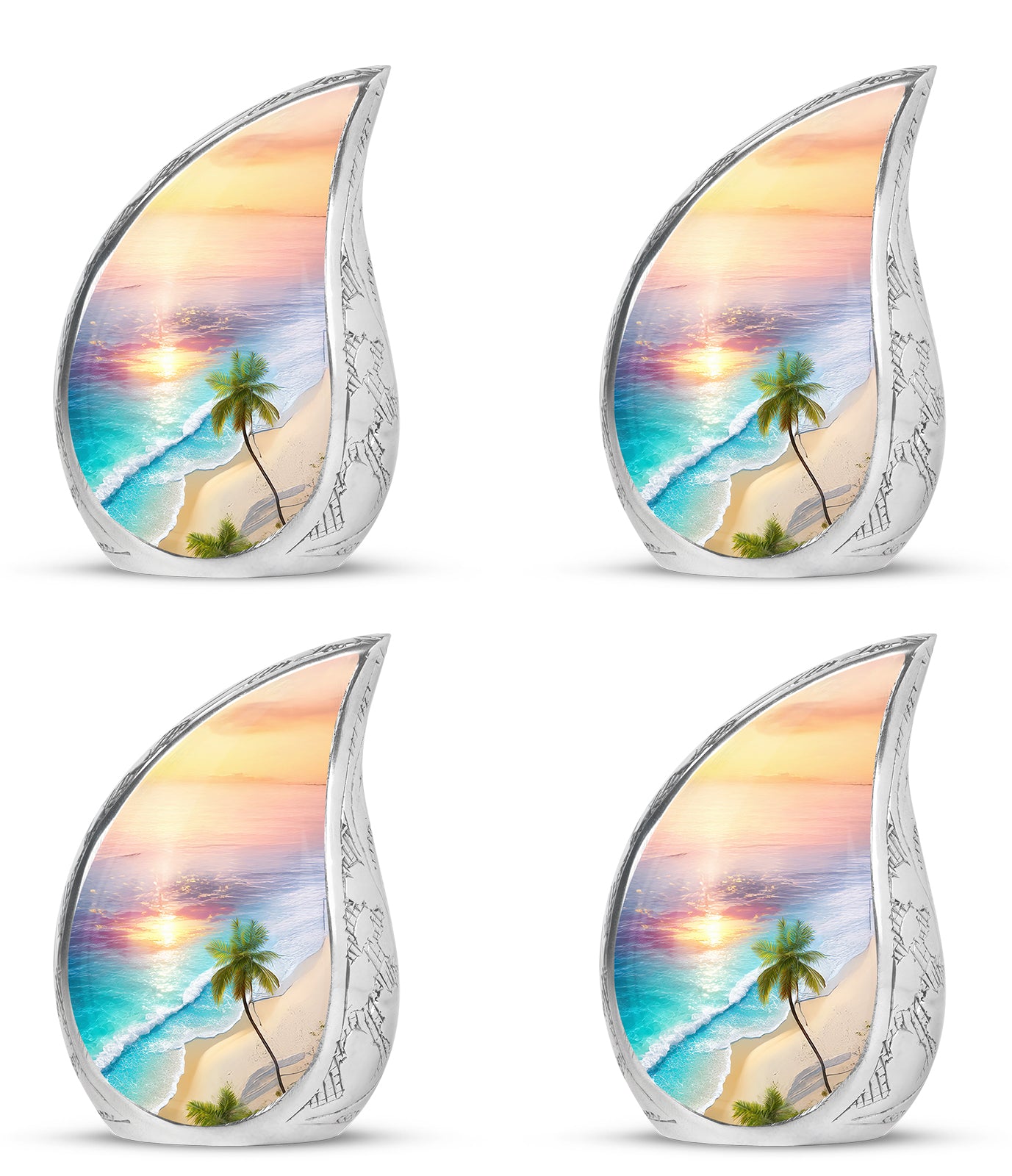 Wine Red Beach Cremation Urn close-up of engraving and surface detail - rounded teardrop beach design with delicate detail - 10 inch aluminum urn for cremated remains