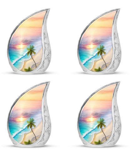 Wine Red Beach Cremation Urn close-up of engraving and surface detail - rounded teardrop beach design with delicate detail - 10 inch aluminum urn for cremated remains