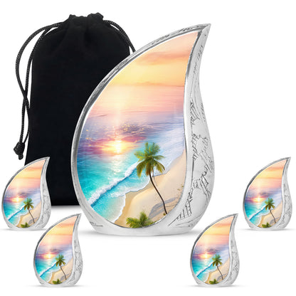 Fiery Red Beach Cremation Urn side profile showing urn shape - graceful tear-shaped urn with beach motif - memorial set with one large and four small urns