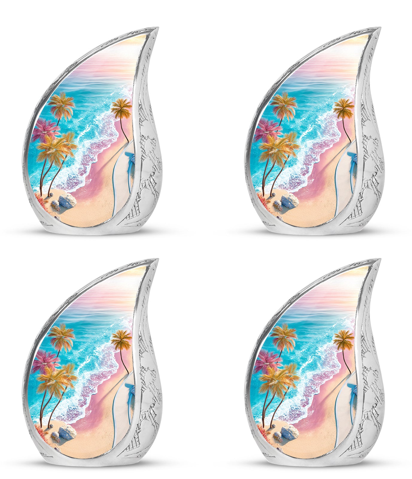 Jewel Teal Beach Cremation Urn close-up of engraving and surface detail - rounded teardrop beach design with delicate detail - 10 inch aluminum urn for cremated remains