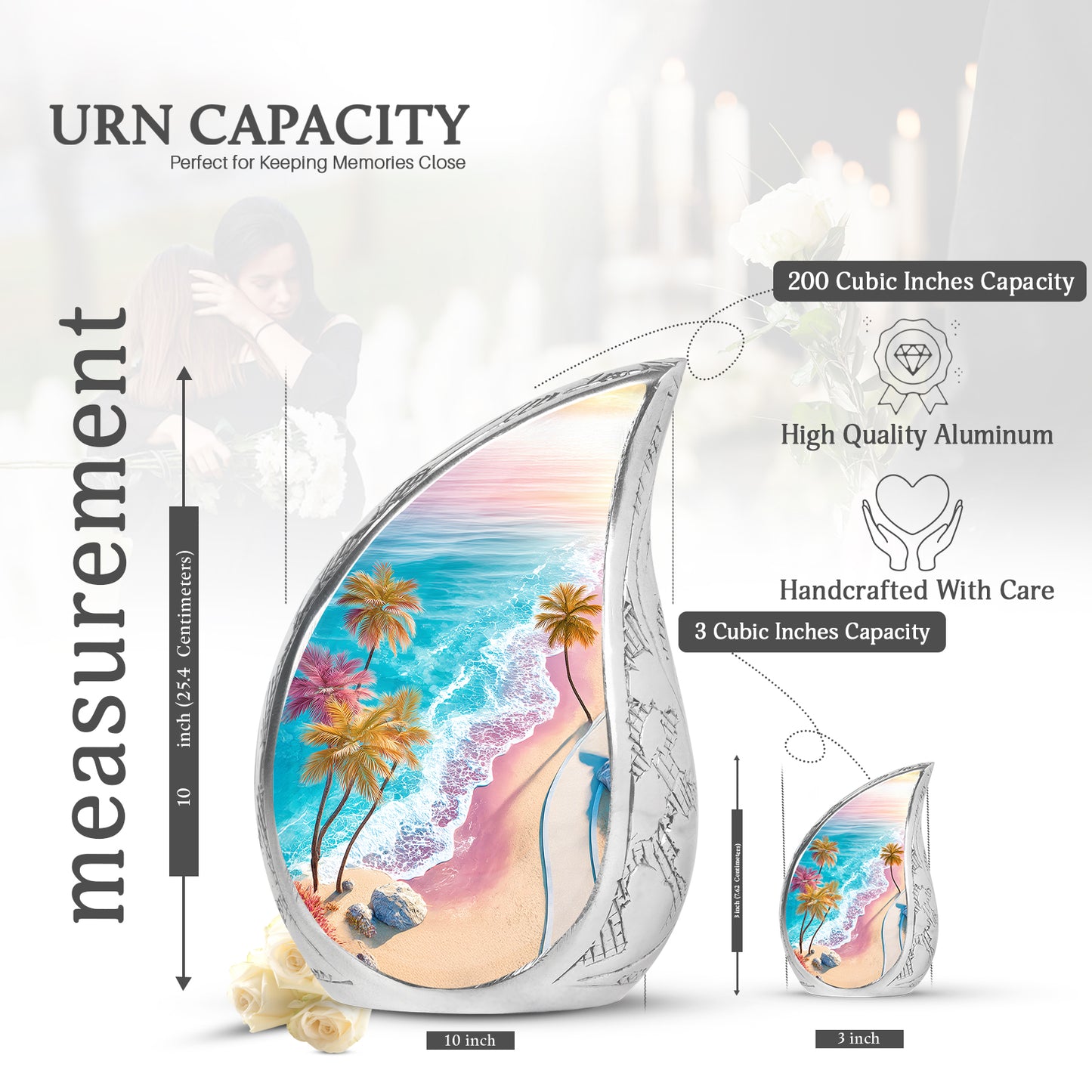 Aqua Teal Beach Cremation Urn angled view of lid and engraved motif - graceful tear-shaped urn with beach motif - mini keepsake memorial for portion of cremation ashes