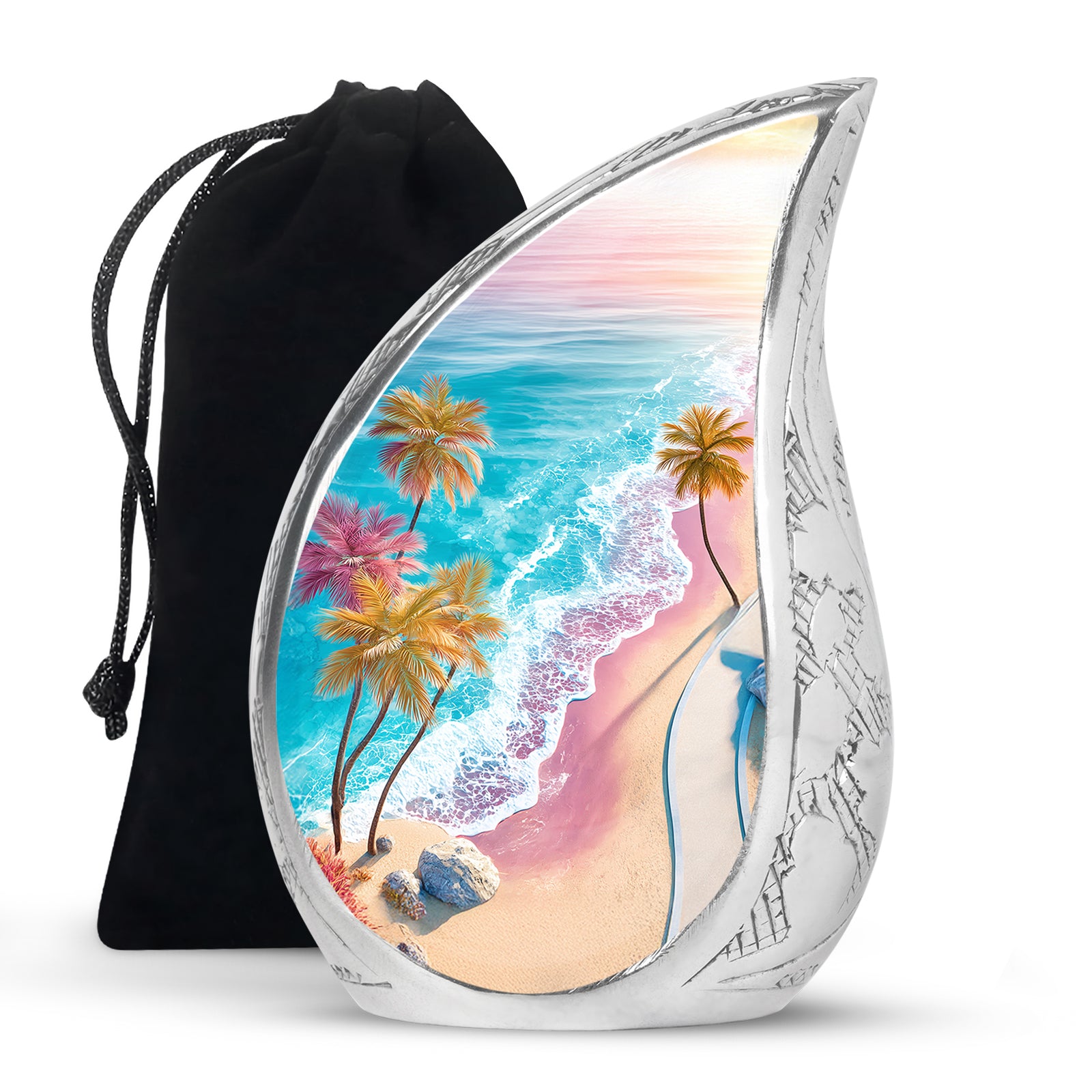 Sea Green Teal Beach Cremation Urn front view showing detailed design - flowing teardrop beach silhouette on curved aluminum - full-size 10 inch 200 cubic inch adult cremation urn