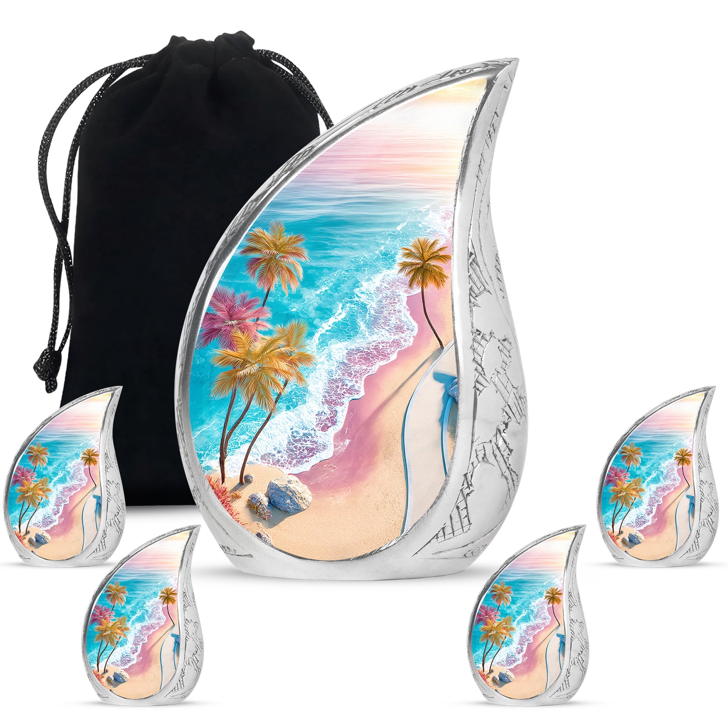 Tropical Teal Beach Cremation Urn side profile showing urn shape - smooth teardrop contour featuring beach art - memorial set with one large and four small urns