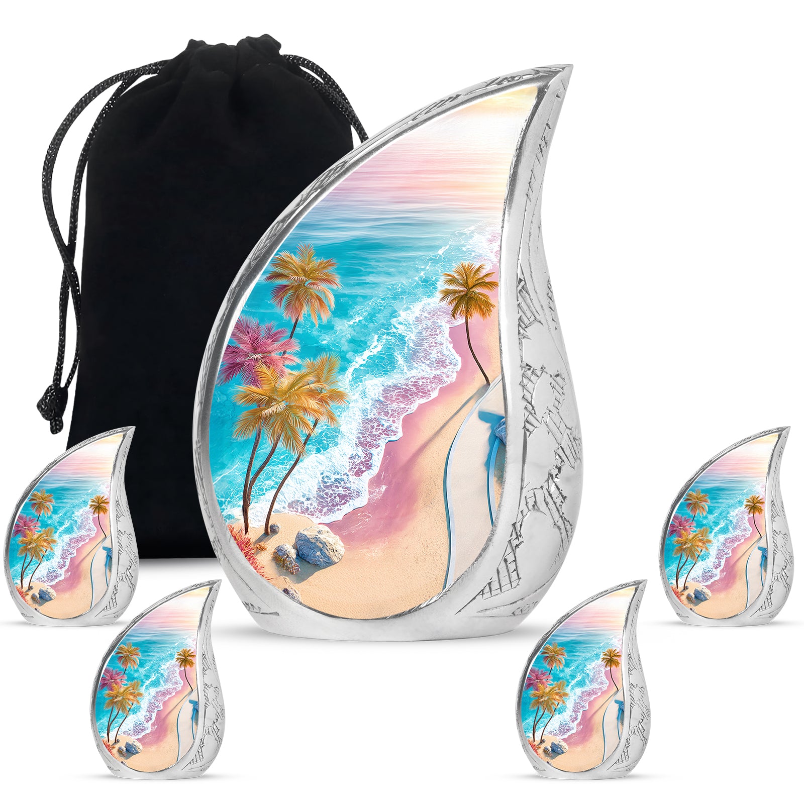 Tropical Teal Beach Cremation Urn side profile showing urn shape - smooth teardrop contour featuring beach art - memorial set with one large and four small urns