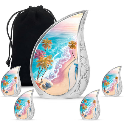 Tropical Teal Beach Cremation Urn side profile showing urn shape - smooth teardrop contour featuring beach art - memorial set with one large and four small urns