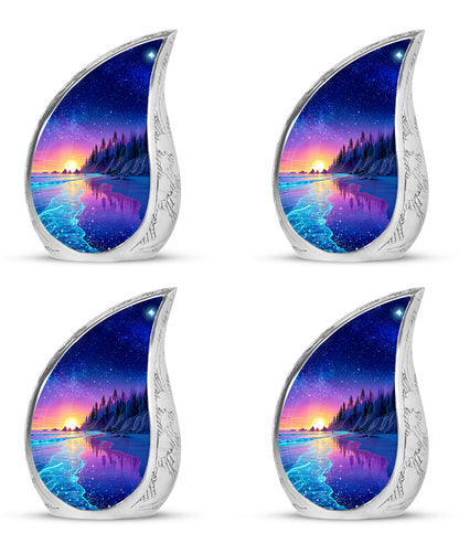 Cornflower Blue Beach Cremation Urn close-up of engraving and surface detail - graceful tear-shaped urn with beach motif - 10 inch aluminum urn for cremated remains