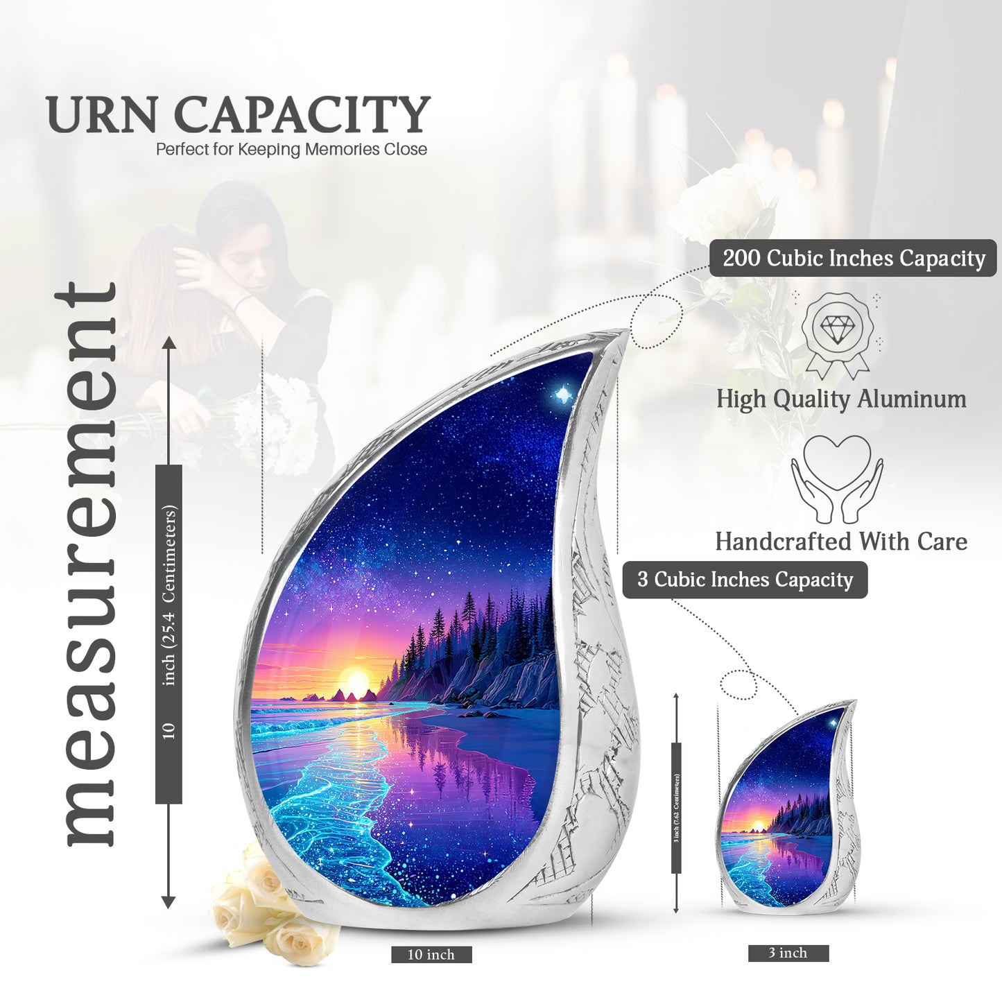 Calming Blue Beach Cremation Urn angled view of lid and engraved motif - smooth teardrop contour featuring beach art - mini keepsake memorial for portion of cremation ashes