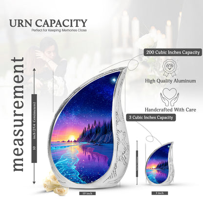 Calming Blue Beach Cremation Urn angled view of lid and engraved motif - smooth teardrop contour featuring beach art - mini keepsake memorial for portion of cremation ashes
