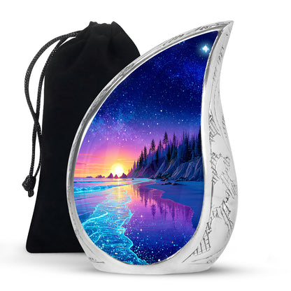 Serene Blue Beach Cremation Urn front view showing detailed design - smooth teardrop contour featuring beach art - full-size 10 inch 200 cubic inch adult cremation urn