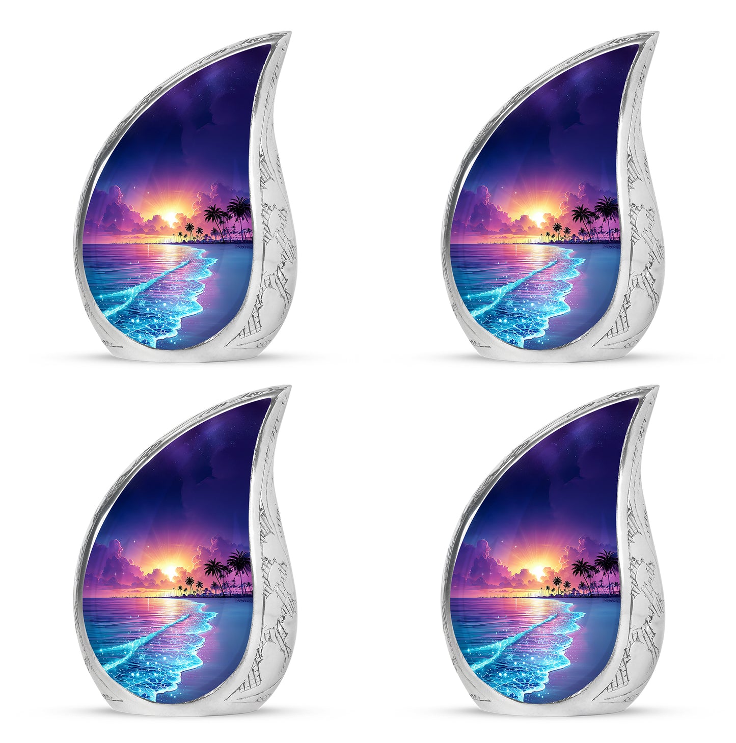 Azure Beach Cremation Urn close-up of engraving and surface detail - flowing teardrop beach silhouette on curved aluminum - 10 inch aluminum urn for cremated remains