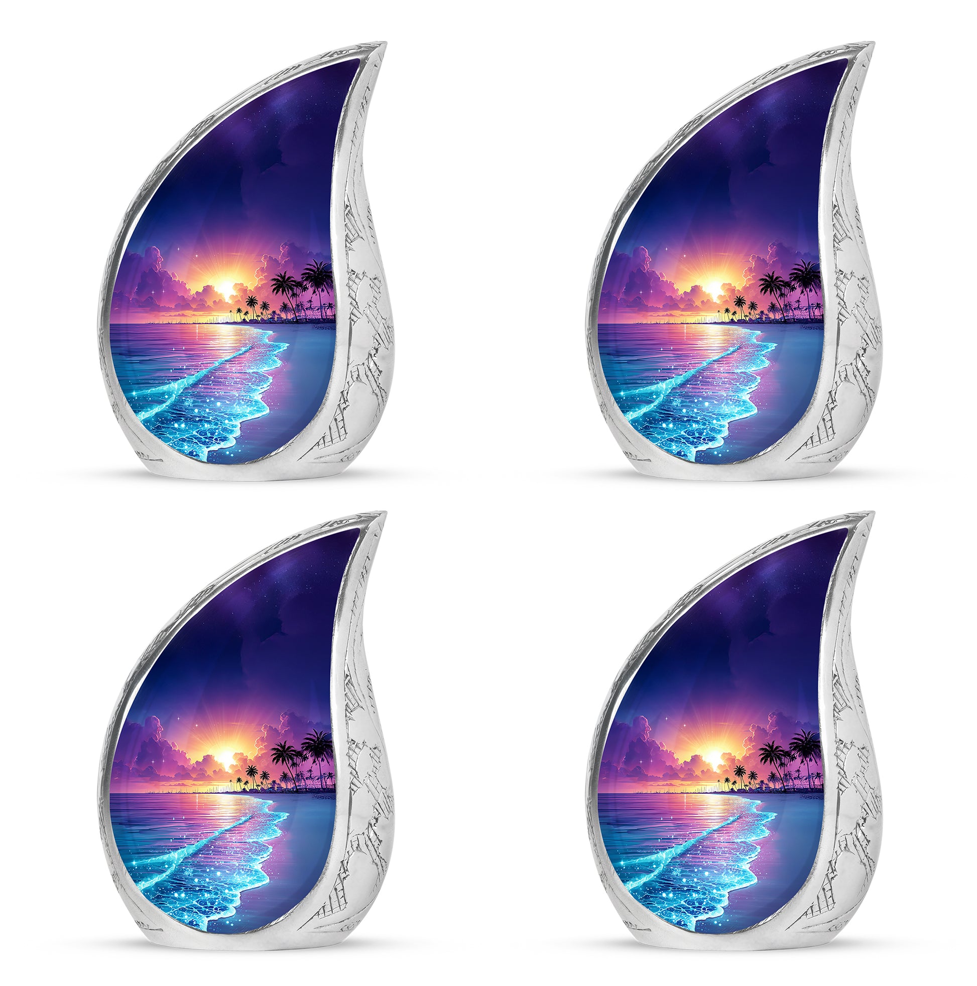 Azure Beach Cremation Urn close-up of engraving and surface detail - flowing teardrop beach silhouette on curved aluminum - 10 inch aluminum urn for cremated remains