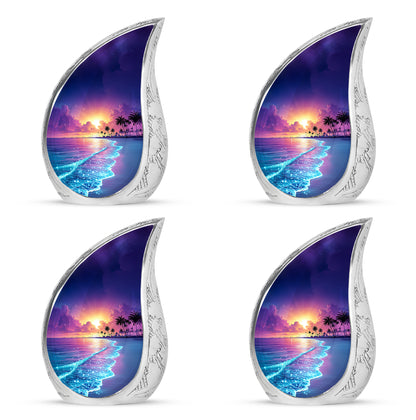 Azure Beach Cremation Urn close-up of engraving and surface detail - flowing teardrop beach silhouette on curved aluminum - 10 inch aluminum urn for cremated remains