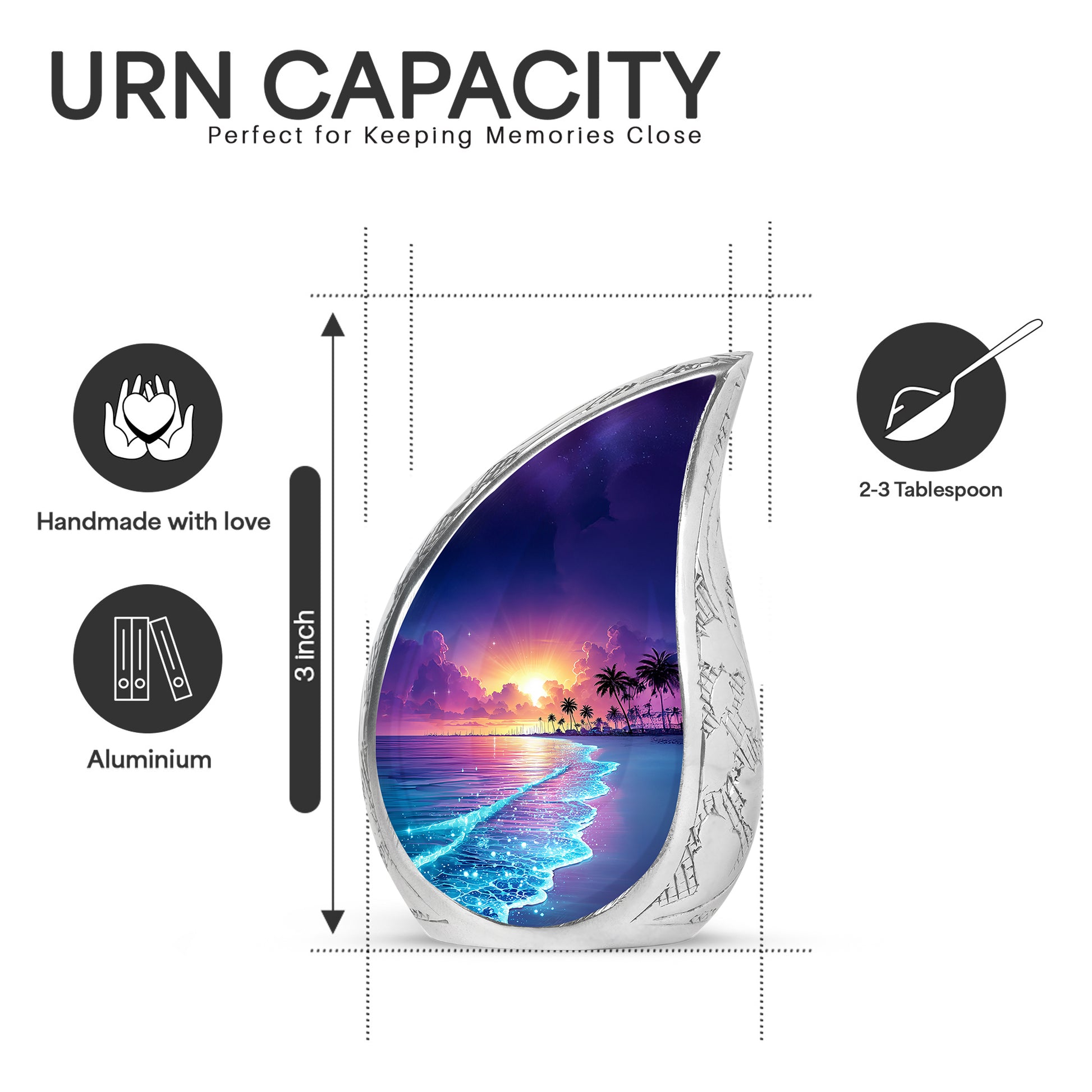 Indigo Beach Cremation Urn angled view of lid and engraved motif - rounded teardrop beach design with delicate detail - mini keepsake memorial for portion of cremation ashes