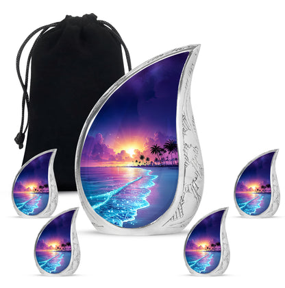 Soft Blue Beach Cremation Urn side profile showing urn shape - graceful tear-shaped urn with beach motif - memorial set with one large and four small urns