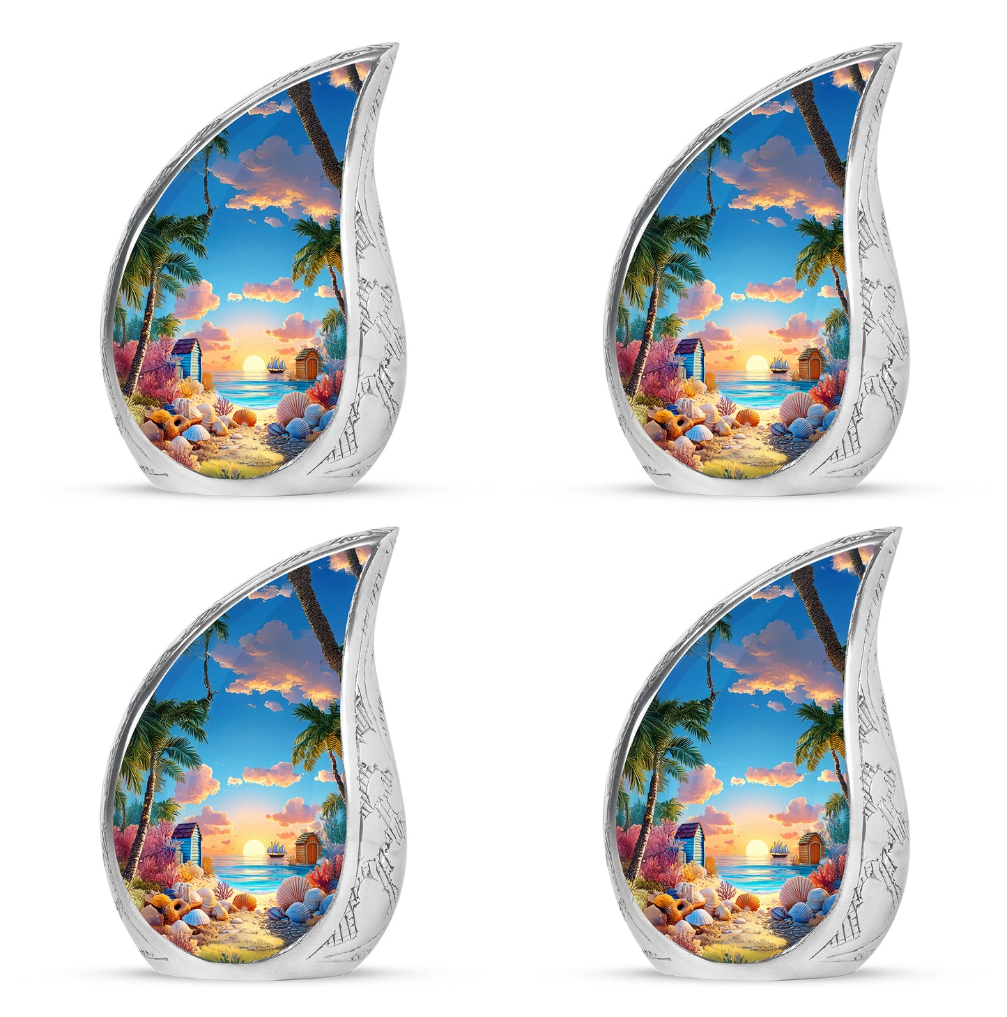 Steel Blue Beach Cremation Urn close-up of engraving and surface detail - graceful tear-shaped urn with beach motif - 10 inch aluminum urn for cremated remains
