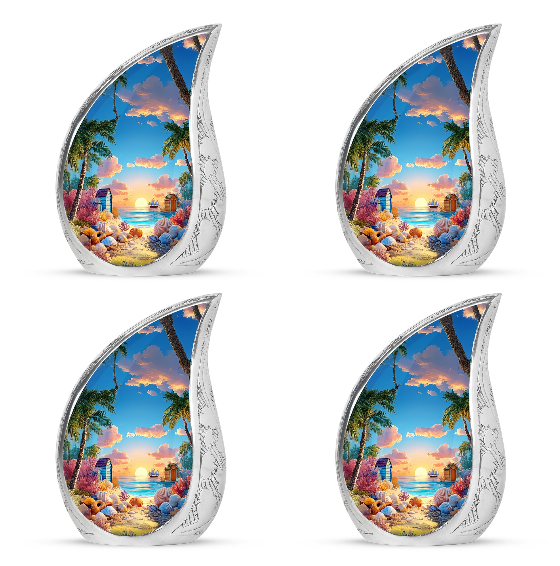 Steel Blue Beach Cremation Urn close-up of engraving and surface detail - graceful tear-shaped urn with beach motif - 10 inch aluminum urn for cremated remains