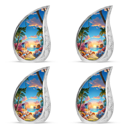 Steel Blue Beach Cremation Urn close-up of engraving and surface detail - graceful tear-shaped urn with beach motif - 10 inch aluminum urn for cremated remains