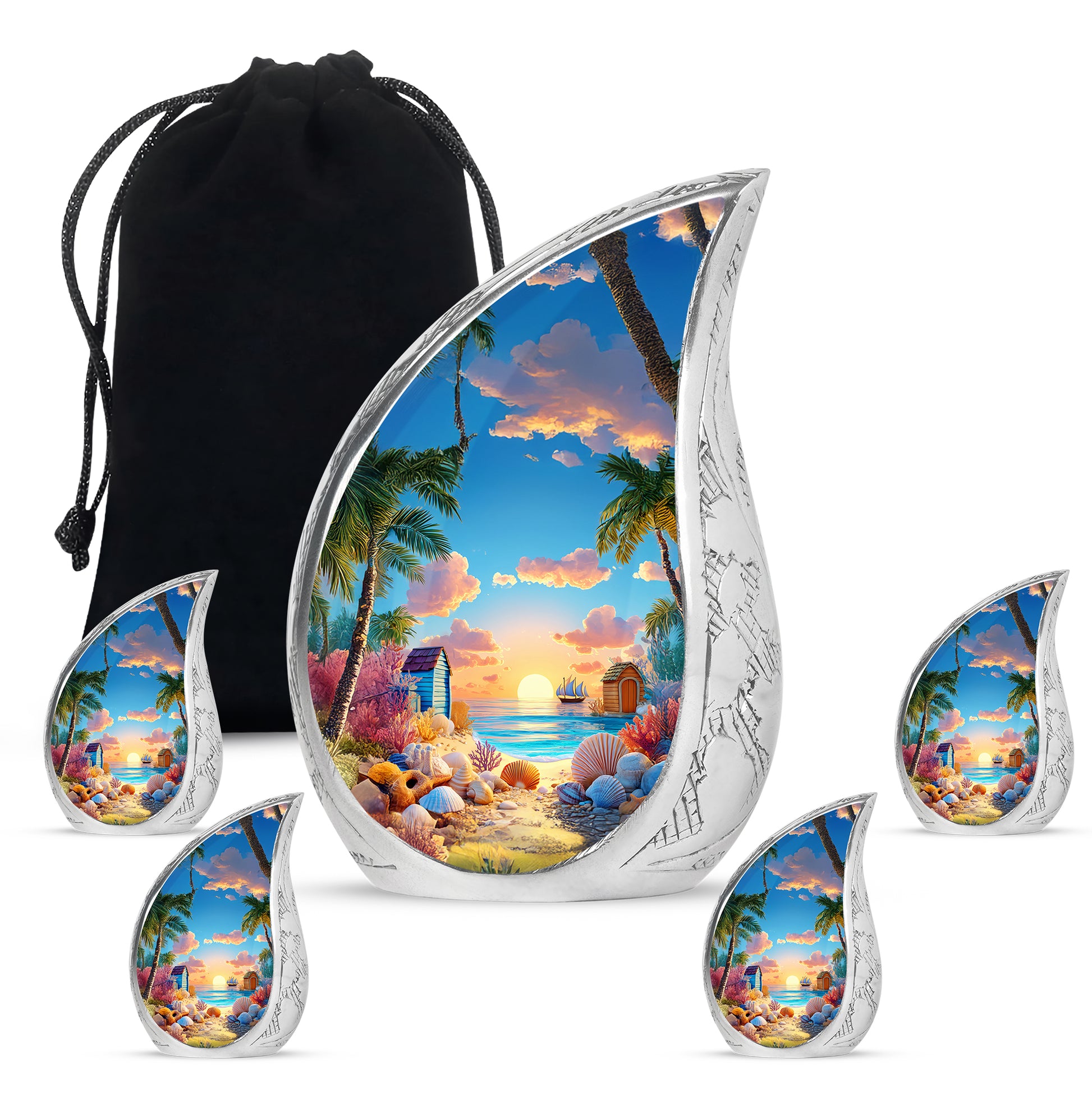 Steel Blue Beach Cremation Urn side profile showing urn shape - smooth teardrop contour featuring beach art - memorial set with one large and four small urns