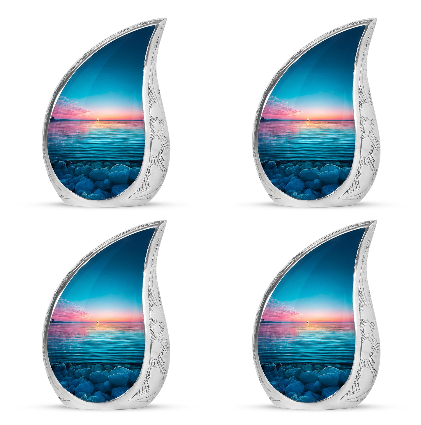 Sapphire Blue Beach Cremation Urn close-up of engraving and surface detail - smooth teardrop contour featuring beach art - 10 inch aluminum urn for cremated remains