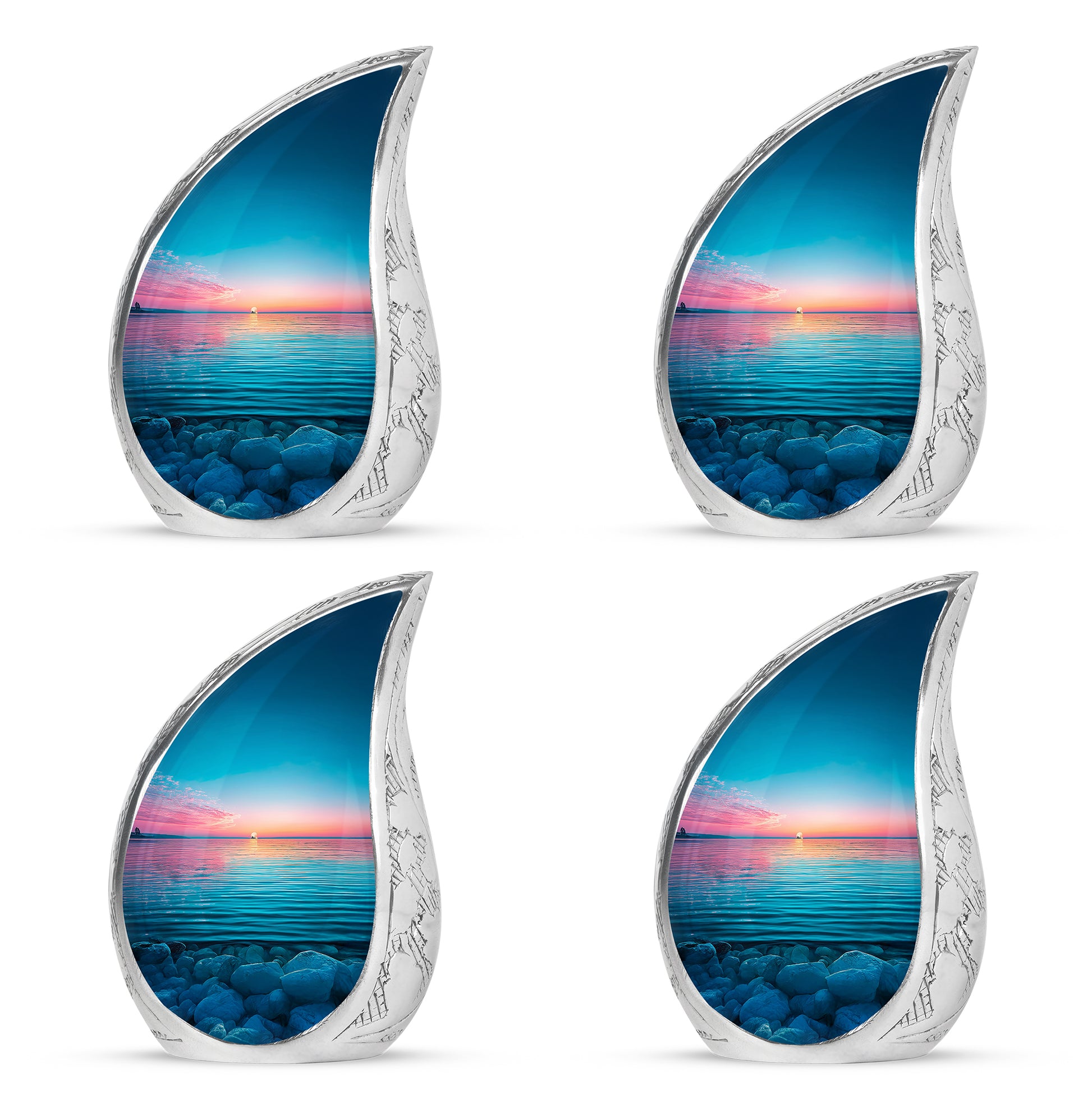 Sapphire Blue Beach Cremation Urn close-up of engraving and surface detail - smooth teardrop contour featuring beach art - 10 inch aluminum urn for cremated remains