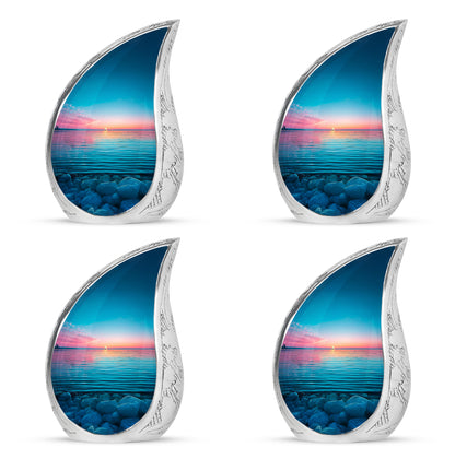 Sapphire Blue Beach Cremation Urn close-up of engraving and surface detail - smooth teardrop contour featuring beach art - 10 inch aluminum urn for cremated remains