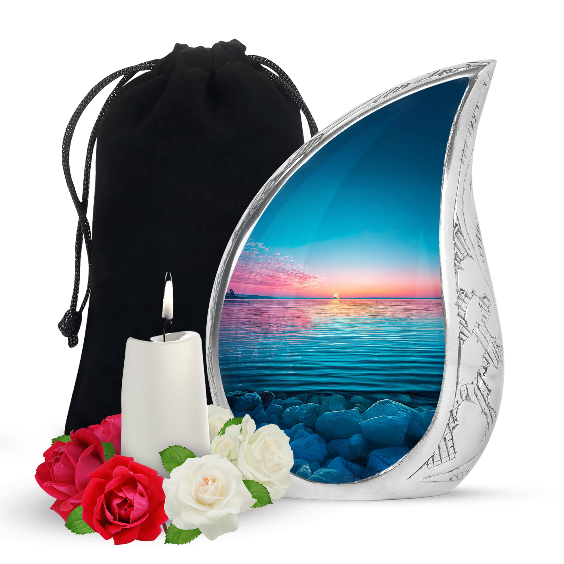 Azure Beach Cremation Urn front view showing detailed design - rounded teardrop beach design with delicate detail - full-size 10 inch 200 cubic inch adult cremation urn