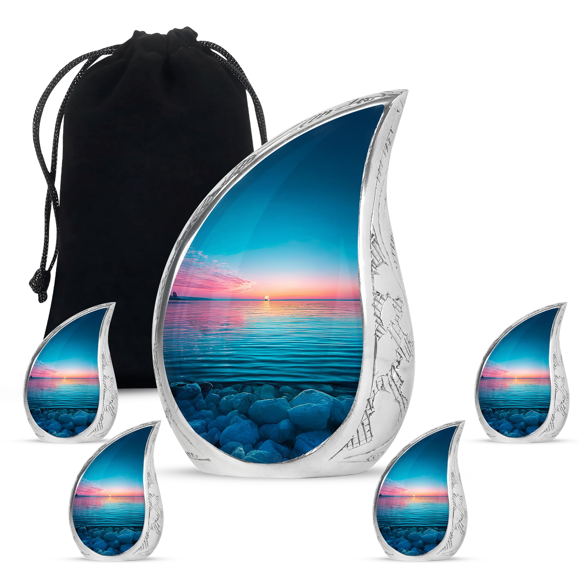 Icy Blue Beach Cremation Urn side profile showing urn shape - flowing teardrop beach silhouette on curved aluminum - memorial set with one large and four small urns