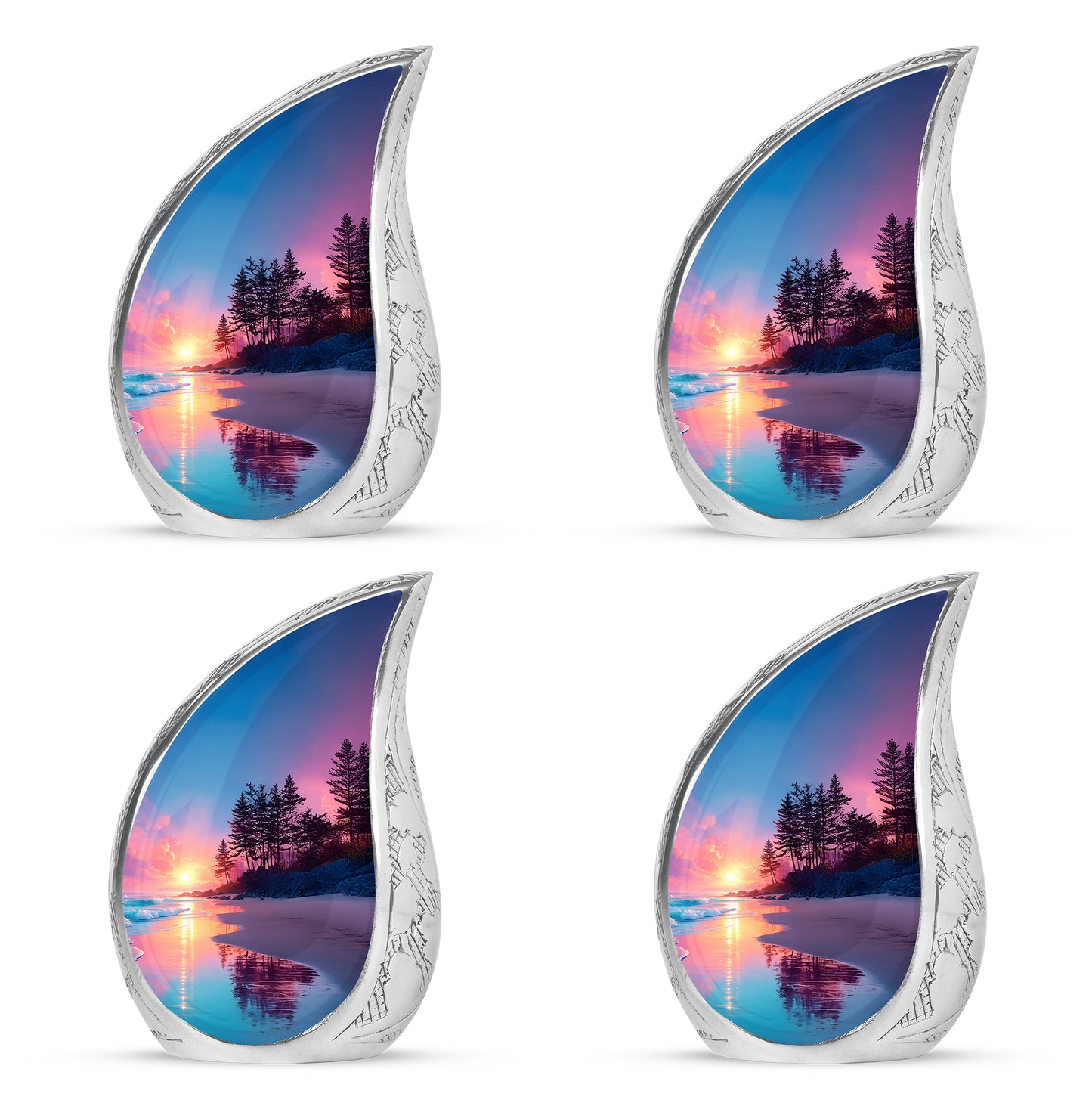 Dusty Blue Beach Cremation Urn close-up of engraving and surface detail - rounded teardrop beach design with delicate detail - 10 inch aluminum urn for cremated remains
