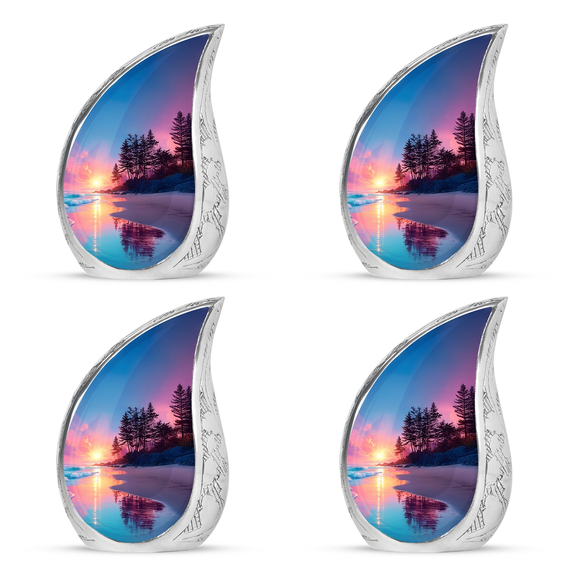 Dusty Blue Beach Cremation Urn close-up of engraving and surface detail - rounded teardrop beach design with delicate detail - 10 inch aluminum urn for cremated remains