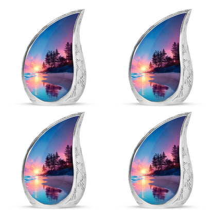 Dusty Blue Beach Cremation Urn close-up of engraving and surface detail - rounded teardrop beach design with delicate detail - 10 inch aluminum urn for cremated remains