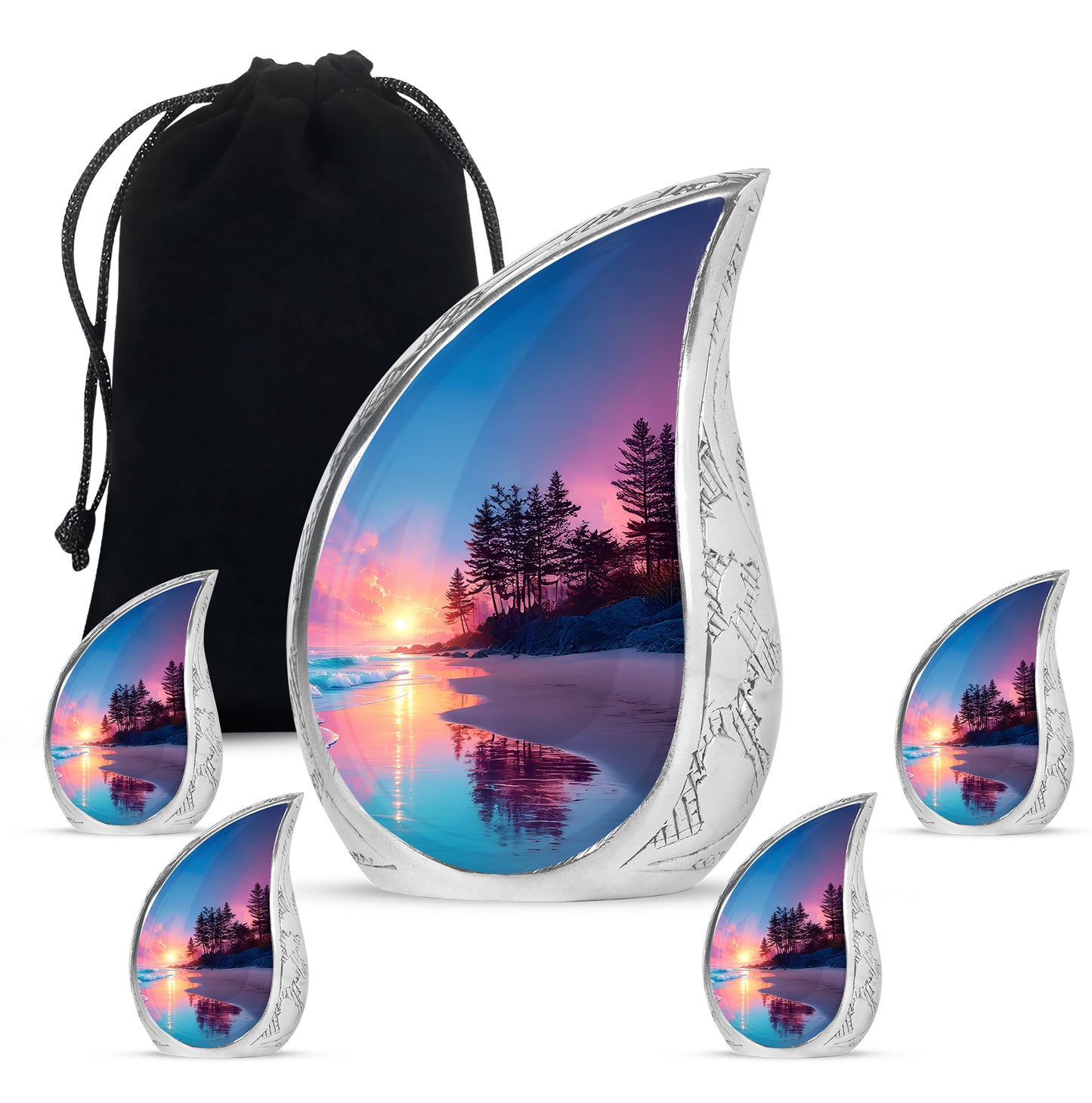 Navy Blue Beach Cremation Urn side profile showing urn shape - flowing teardrop beach silhouette on curved aluminum - memorial set with one large and four small urns