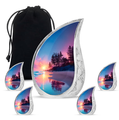 Navy Blue Beach Cremation Urn side profile showing urn shape - flowing teardrop beach silhouette on curved aluminum - memorial set with one large and four small urns
