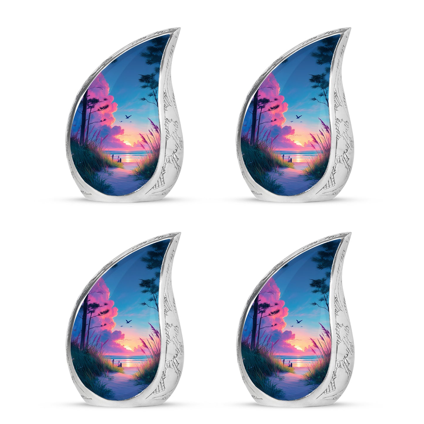 Pastel Blue Beach Cremation Urn close-up of engraving and surface detail - rounded teardrop beach design with delicate detail - 10 inch aluminum urn for cremated remains