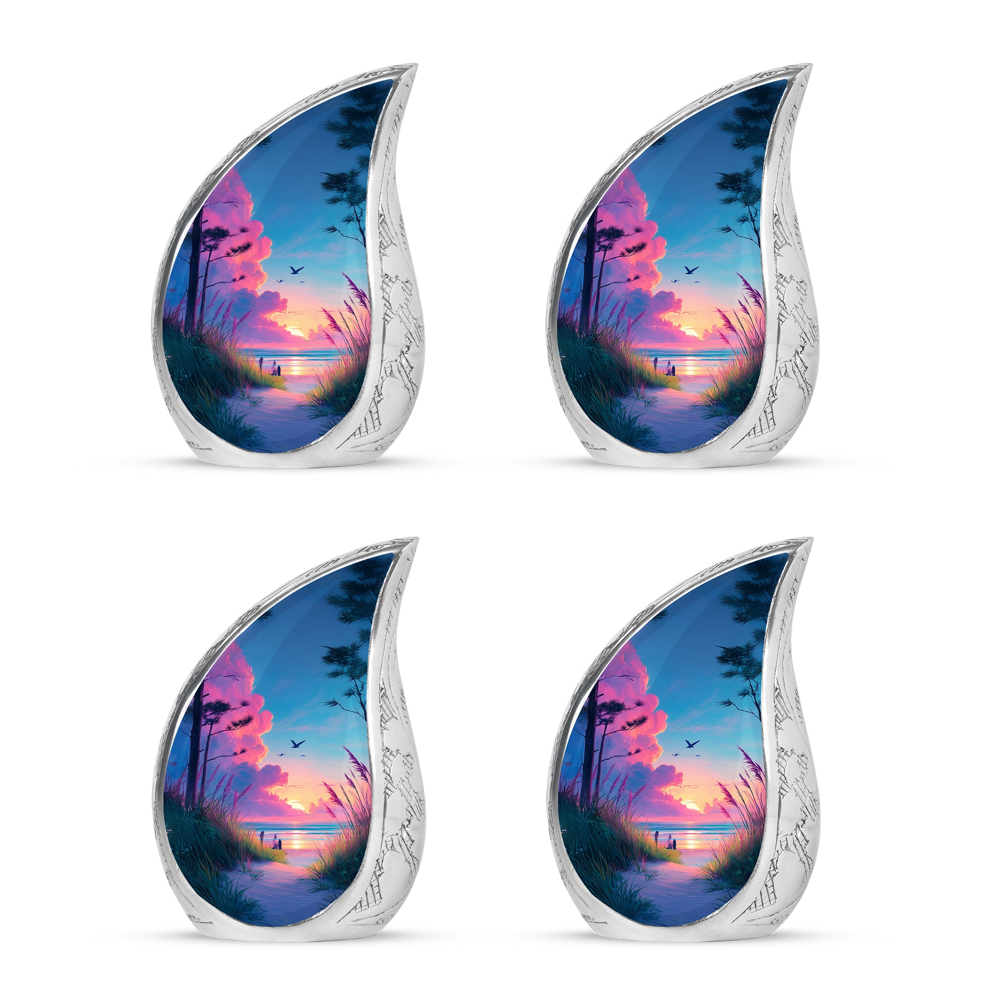 Pastel Blue Beach Cremation Urn close-up of engraving and surface detail - rounded teardrop beach design with delicate detail - 10 inch aluminum urn for cremated remains