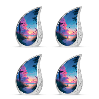 Pastel Blue Beach Cremation Urn close-up of engraving and surface detail - rounded teardrop beach design with delicate detail - 10 inch aluminum urn for cremated remains