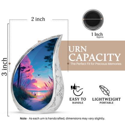 Navy Blue Beach Cremation Urn angled view of lid and engraved motif - rounded teardrop beach design with delicate detail - mini keepsake memorial for portion of cremation ashes
