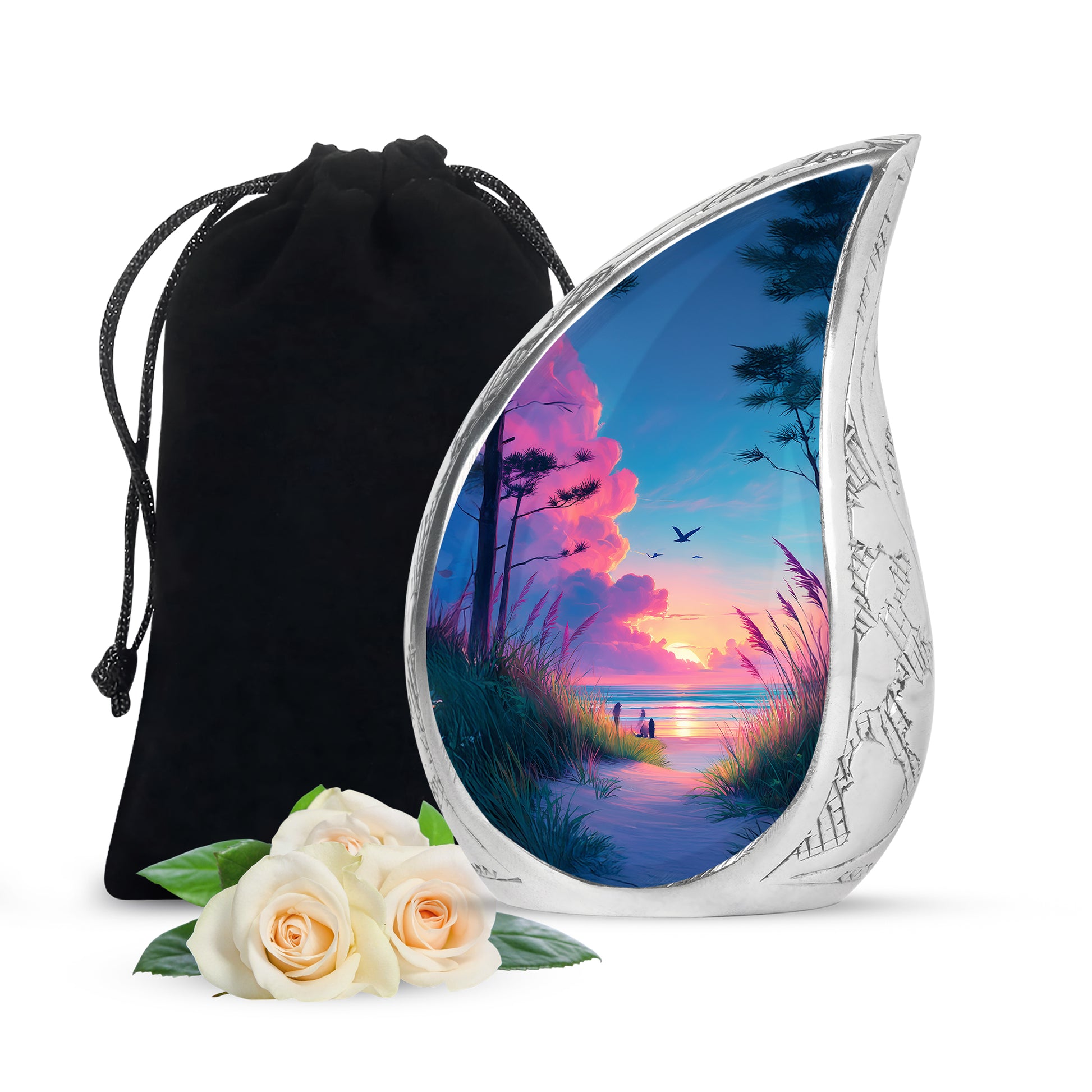 Serene Blue Beach Cremation Urn front view showing detailed design - smooth teardrop contour featuring beach art - full-size 10 inch 200 cubic inch adult cremation urn