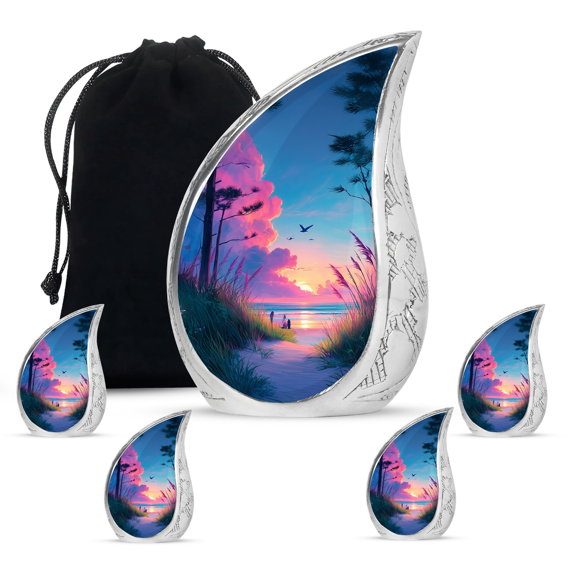 Indigo Beach Cremation Urn side profile showing urn shape - rounded teardrop beach design with delicate detail - memorial set with one large and four small urns