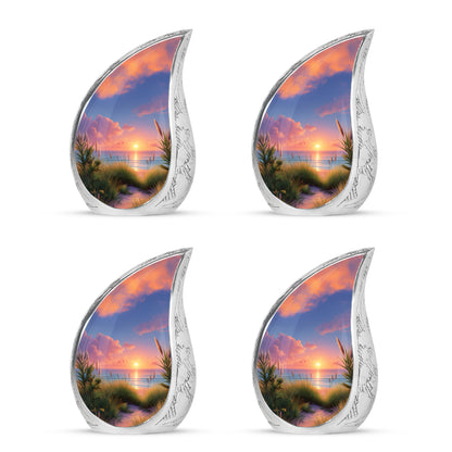 Cobalt Blue Beach Cremation Urn close-up of engraving and surface detail - smooth teardrop contour featuring beach art - 10 inch aluminum urn for cremated remains