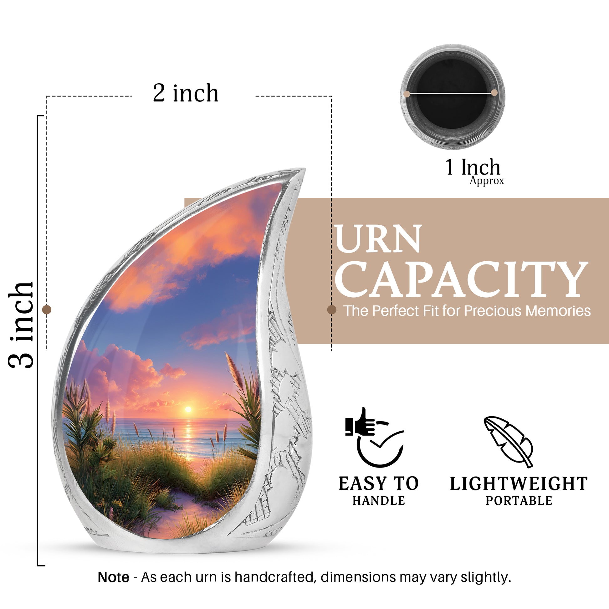 Powder Blue Beach Cremation Urn angled view of lid and engraved motif - flowing teardrop beach silhouette on curved aluminum - mini keepsake memorial for portion of cremation ashes