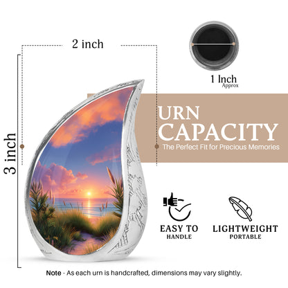 Powder Blue Beach Cremation Urn angled view of lid and engraved motif - flowing teardrop beach silhouette on curved aluminum - mini keepsake memorial for portion of cremation ashes