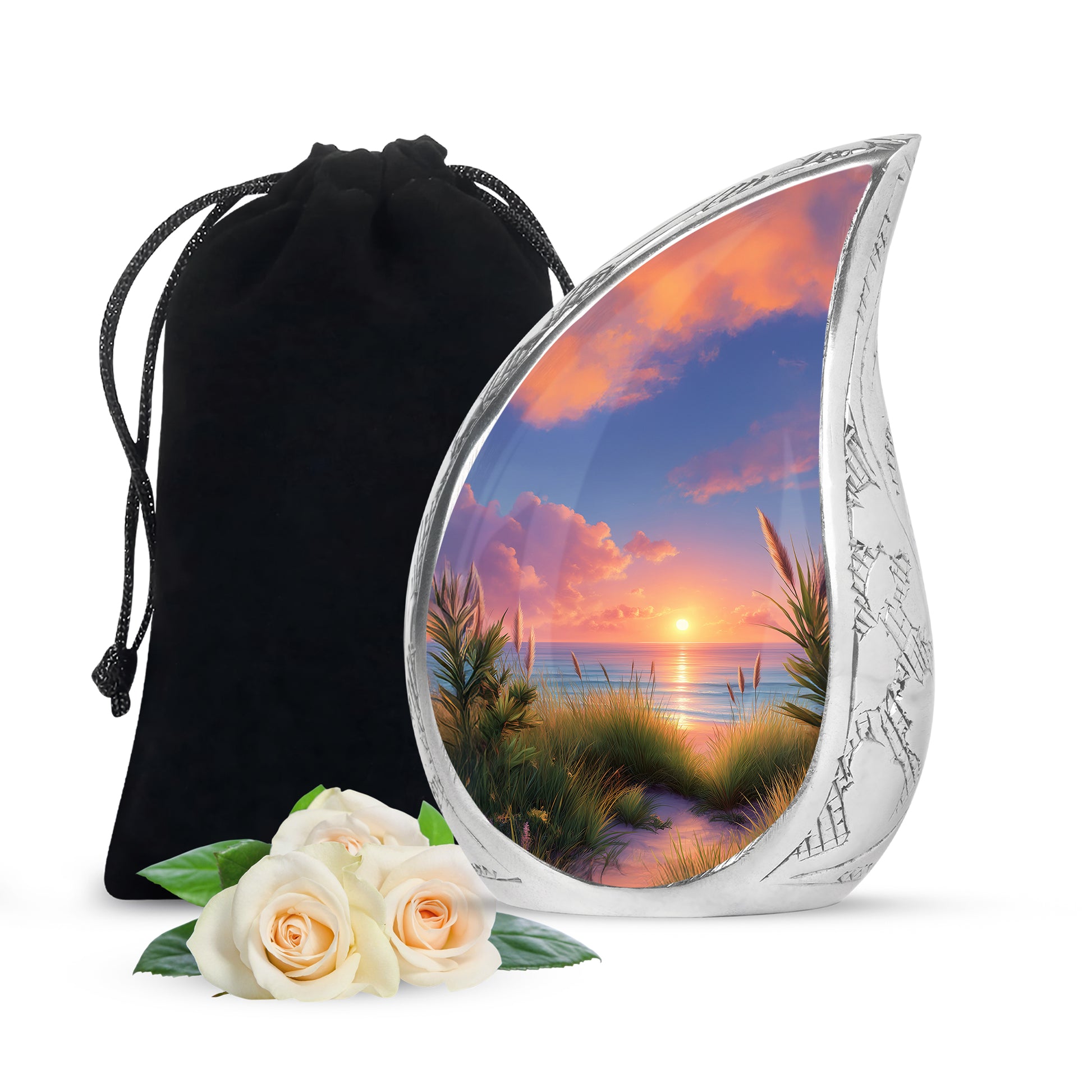 Pastel Blue Beach Cremation Urn front view showing detailed design - flowing teardrop beach silhouette on curved aluminum - full-size 10 inch 200 cubic inch adult cremation urn